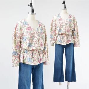 Vintage 80s Cream Floral Knit Top Grannycore Cinch Waist Jersey Knit Blouse M